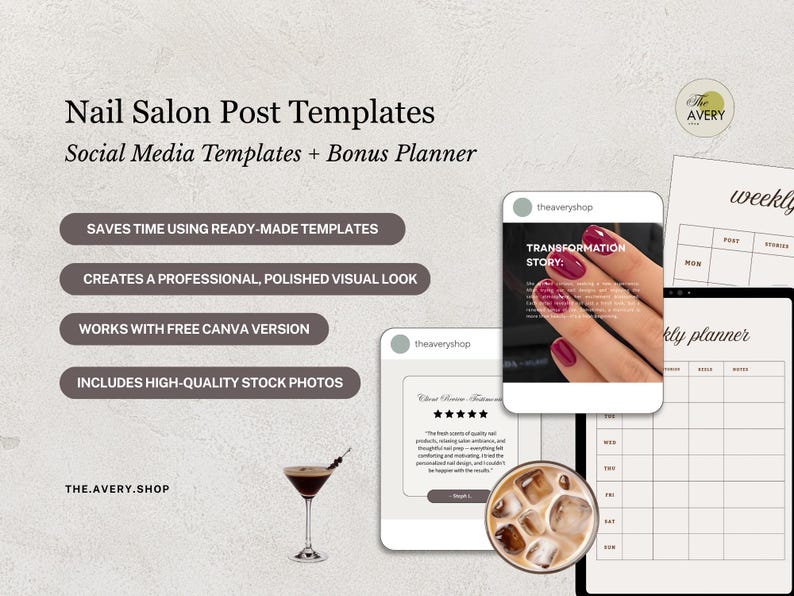 K&ouml;nnte beinhalten: Werbebild f&uuml;r Nagelstudio-Postvorlagen. Das Bild zeigt Mockups von Social-Media-Posts, einen Wochenplaner und einen Cocktail. Text hebt Funktionen wie vorgefertigte Vorlagen und hochwertige Stockfotos hervor.