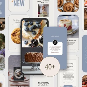 Può includere: Un collage di immagini che mostra vari prodotti da forno, tra cui torte, biscotti e pasticcini. Uno smartphone mostra immagini di cibo, tra cui una torta con frutti di bosco e una torta al cioccolato. Il testo "Our Cake Studio" è visibile.