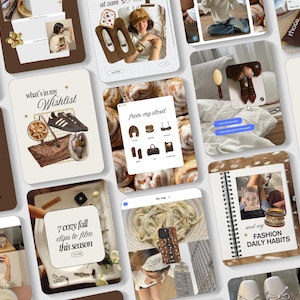 Puede incluir: Un collage de imágenes de estilo de vida estético, que incluye una guía de regalos, artículos de la lista de deseos como zapatillas y un bolso, y hábitos diarios de moda. Las imágenes presentan una paleta de colores neutros con tonos marrones y beige, y superposiciones de texto.