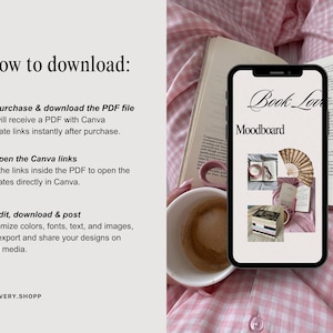 以下が含まれることがあります： スマートフォン画面に表示されたBook Love Moodboardテンプレートのデジタルグラフィック。コラージュ画像、開いた本、白いコーヒーマグが並んでいます。左側のテキストには、How to download, Purchase & download the PDF file, Open the Canva links, Edit, download & post, THE.AVERY.SHOPPと記載されています。