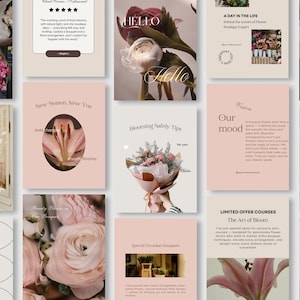 Puede incluir: Una colección de publicaciones en redes sociales con temática floral. Las imágenes presentan ramos, flores individuales y superposiciones de texto con frases como "Hola", "Nueva temporada, nuevo tú" y "El arte de florecer". La paleta de colores es suave, con rosas y cremas.