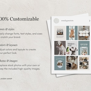 May include: A digital marketing template with a grid layout, featuring images of pets and text. The text includes "100% Customizable", "Fonts & styles", "Colors & layouts", and "Photos & images". The website address "THE.AVERY.SHOP" is also visible.