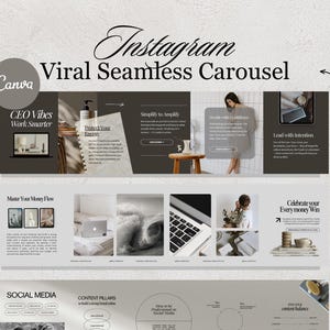 Pode incluir: Uma apresentação de marketing digital intitulada "Instagram Viral Seamless Carousel" com a marca Canva. O design apresenta uma série de imagens e blocos de texto com frases como "CEO Vibes", "Protect Your Energy" e "Lead with Intention."