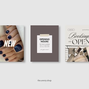May include: Three square images with a light background. The first shows a foot with dark blue nail polish and the word "NEW". The second has "OPENING HOURS" text. The third says "Bookings are OPEN".