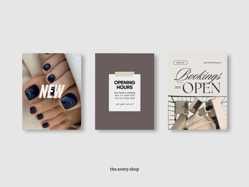 May include: Three square images with a light background. The first shows a foot with dark blue nail polish and the word "NEW". The second has "OPENING HOURS" text. The third says "Bookings are OPEN".