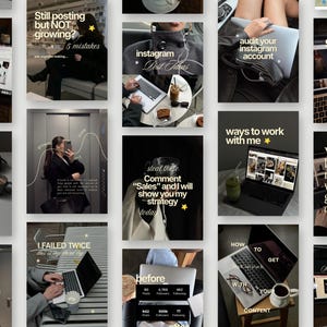 Peut inclure: Une collection de modèles de contenu pour réseaux sociaux avec des ordinateurs portables, des tasses de café et des superpositions de texte incluant des phrases comme Still posting but NOT growing, audit your instagram account et Your whole life is a reflection of what you are giving your attention to.