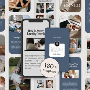 Op de afbeelding: Een digitale collectie social media templates met een blauw en wit kleurenschema. De weergave toont diverse lay-outs met tekst zoals How To Master Learning Growth, Client Review en 130+ templates, naast afbeeldingen van mensen die studeren, werken en schrijven.