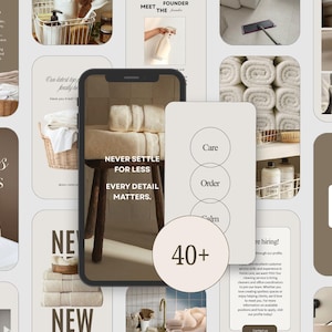 May include: A collection of images in a neutral colour scheme, promoting home cleaning and organisation. The images feature rolled towels, a basket with cleaning products, and a phone displaying the text "NEVER SETTLE FOR LESS, EVERY DETAIL MATTERS."