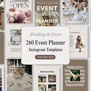 May include: A collection of Instagram templates for wedding and event planners. The central image features text that reads "Wedding & Event 260 Event Planner Instagram Templates" with a website address. Surrounding images showcase event decor and design.