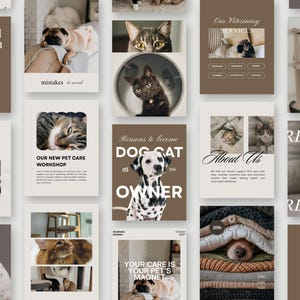 May include: A collection of pet-themed social media posts with various images of dogs and cats. The posts feature text such as "Our Veterinary Services", "Dog Cat Owner", and "Hello". The color palette is primarily brown and white.