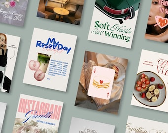 May include: A collection of lifestyle-themed digital art prints. The prints feature text like "My Reset Day Checklist", "Soft Hustle Still Winning", and "Instagram Growth Without Burnout". The color palette includes pastels and neutral tones.