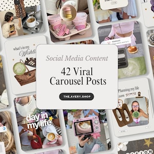 Peut inclure: Une collection numérique de contenu pour réseaux sociaux comprenant 42 publications carrousel virales. Le graphique central rectangulaire blanc affiche le texte Social Media Content, 42 Viral Carousel Posts et l'adresse THE.AVERY.SHOP.