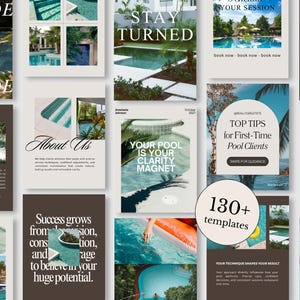 May include: A collection of marketing templates with pool-related themes. The designs feature images of pools, text overlays with phrases like "Your Pool is Your Clarity Magnet," and the text "130+ templates."