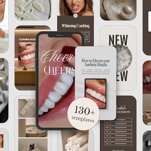 Puede incluir: Un collage de imágenes relacionadas con el blanqueamiento dental y la odontología estética. La imagen central presenta una pantalla de teléfono con las palabras "Cheer Cheers" sobre un primer plano de una sonrisa brillante. Otras imágenes incluyen texto como "Coming Soon" y "How to Elevate your Aesthetic Results".