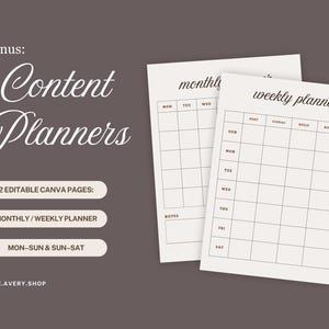 K&ouml;nnte beinhalten: Zwei beige Content-Planer-Vorlagen mit Wochen- und Monatslayout. Der Text "Content Planners" ist in einer Schreibschrift geschrieben. Das Bild enth&auml;lt auch den Text "2 Editable Canva Pages", "Monthly/Weekly Planner" und "Mon-Sun & Sun-Sat".