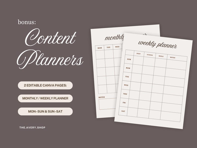 K&ouml;nnte beinhalten: Zwei beige Content-Planer-Vorlagen mit Wochen- und Monatslayout. Der Text "Content Planners" ist in einer Schreibschrift geschrieben. Das Bild enth&auml;lt auch den Text "2 Editable Canva Pages", "Monthly/Weekly Planner" und "Mon-Sun & Sun-Sat".
