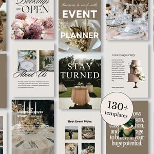 Könnte beinhalten: Eine Sammlung von Social-Media-Vorlagen in einer neutralen Farbpalette. Die Vorlagen enthalten Texte wie "Hello", "Bookings are Open", "Event Planner" und "Stay Turned". Das Bild enthält auch den Text "130+ templates".