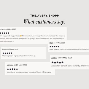 以下が含まれることがあります： THE.AVERY.SHOPP What customers say: というタイトルのデジタルグラフィック表示。Johana、Molly、Loved、Amber、Vanessaによる2026年の日付が入った5つ星評価とテキストを含む、5つの白い長方形の顧客レビューボックスが配置されています。