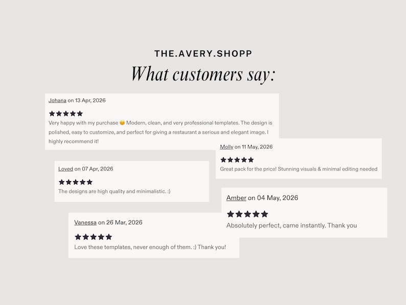 以下が含まれることがあります： THE.AVERY.SHOPP What customers say: というタイトルのデジタルグラフィック表示。Johana、Molly、Loved、Amber、Vanessaによる2026年の日付が入った5つ星評価とテキストを含む、5つの白い長方形の顧客レビューボックスが配置されています。