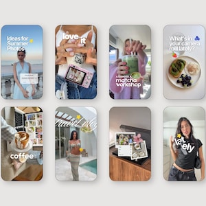 May include: A collection of eight vertical digital story templates featuring various lifestyle scenes including a beach photo, a pink digital camera, a matcha drink, avocado toast, coffee, a travel outfit, a record player, and a casual portrait.
