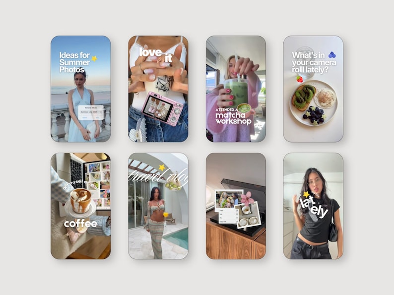 May include: A collection of eight vertical digital story templates featuring various lifestyle scenes including a beach photo, a pink digital camera, a matcha drink, avocado toast, coffee, a travel outfit, a record player, and a casual portrait.