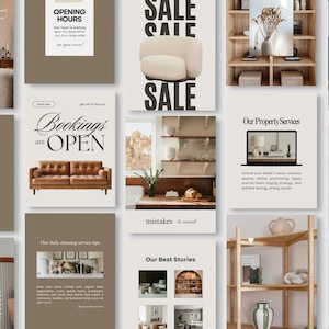 Könnte beinhalten: Eine Sammlung von Bildern aus dem Bereich Innenarchitektur und Wohnkultur, darunter ein braunes Ledersofa, ein beiges geschwungenes Sofa und Holzregale. Text enthält "SALE", "Bookings are OPEN" und "Our Property Services".