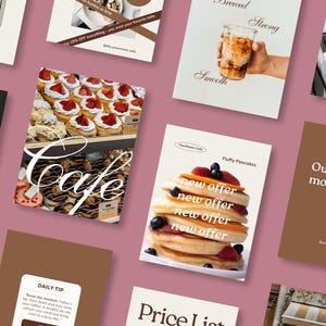 May include: A collection of cafe-themed promotional materials on a pink background. The images include text such as "Cafe", "Fluffy Pancakes", and "new offer". Other images show pastries, coffee, and a hand holding a beverage.