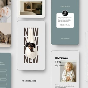 May include: A collection of images with pet-related themes. Features a sleeping pug, a cat, a dachshund in a towel, and a child. Text includes "NEW", "GIVEAWAY TIME", and "the.avery.shop".