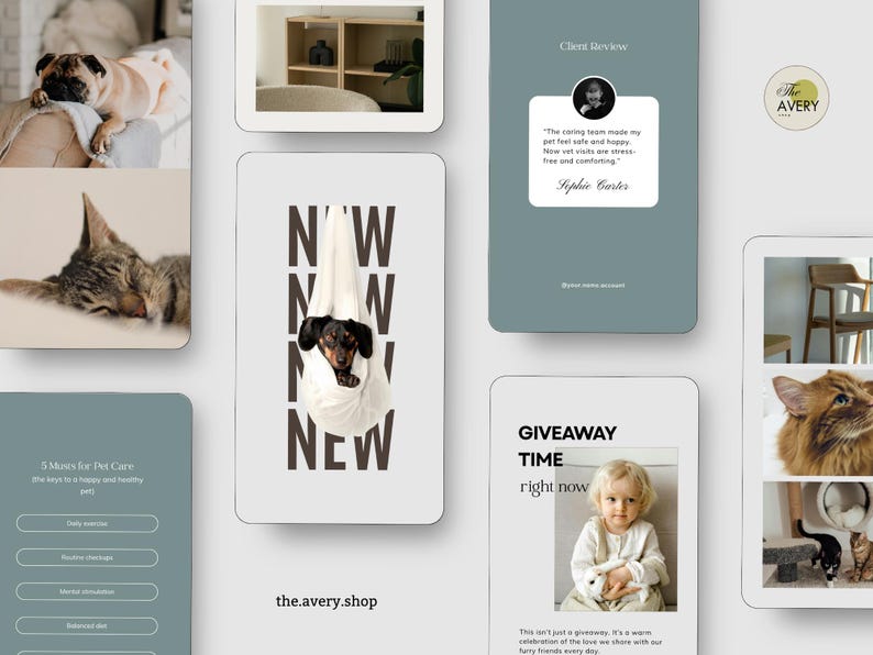 May include: A collection of images with pet-related themes. Features a sleeping pug, a cat, a dachshund in a towel, and a child. Text includes "NEW", "GIVEAWAY TIME", and "the.avery.shop".
