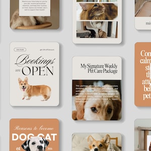 Pode incluir: Uma cole&ccedil;&atilde;o de cart&otilde;es com tema de cuidados com animais de estima&ccedil;&atilde;o. Um cart&atilde;o diz "Bookings are OPEN" com uma ilustra&ccedil;&atilde;o de corgi. Outro cart&atilde;o diz "My Signature Weekly Pet Care Package". Outros cart&otilde;es apresentam c&atilde;es e gatos.