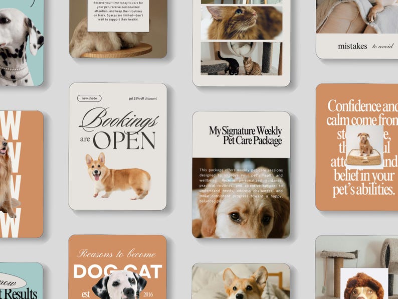 Pode incluir: Uma cole&ccedil;&atilde;o de cart&otilde;es com tema de cuidados com animais de estima&ccedil;&atilde;o. Um cart&atilde;o diz "Bookings are OPEN" com uma ilustra&ccedil;&atilde;o de corgi. Outro cart&atilde;o diz "My Signature Weekly Pet Care Package". Outros cart&otilde;es apresentam c&atilde;es e gatos.