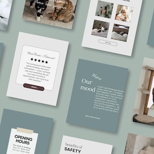 May include: A selection of promotional materials featuring images of pets, including cats and dogs. The materials display text such as "Peace over pressure", "Our mood", and a customer review with five stars.