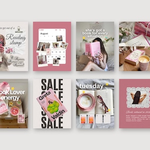 Puede incluir: Una colecci&oacute;n de ocho plantillas digitales para redes sociales con esquemas de color rosa y blanco, im&aacute;genes de libros, dise&ntilde;os de calendario y superposiciones de texto como Reading slump, Book Lover energy y Sale, para contenido literario.