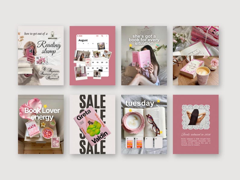 Puede incluir: Una colecci&oacute;n de ocho plantillas digitales para redes sociales con esquemas de color rosa y blanco, im&aacute;genes de libros, dise&ntilde;os de calendario y superposiciones de texto como Reading slump, Book Lover energy y Sale, para contenido literario.