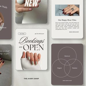 K&ouml;nnte beinhalten: Eine Collage mit Bildern, die Nageldesigns und Manik&uuml;re-Dienstleistungen zeigen. Die Bilder enthalten Text wie "New Season, New Nails", "Bookings are OPEN" und "Our Happy Hour Vibes". Die Farbpalette ist neutral.