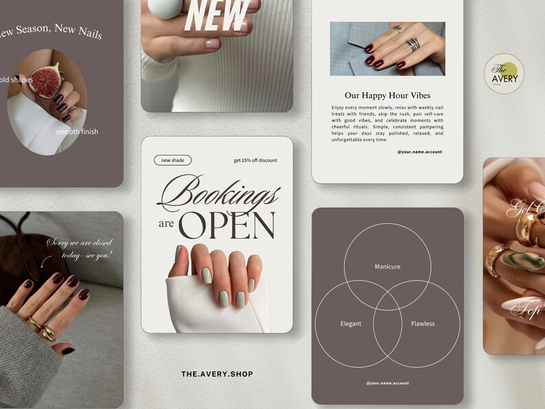 K&ouml;nnte beinhalten: Eine Collage mit Bildern, die Nageldesigns und Manik&uuml;re-Dienstleistungen zeigen. Die Bilder enthalten Text wie "New Season, New Nails", "Bookings are OPEN" und "Our Happy Hour Vibes". Die Farbpalette ist neutral.