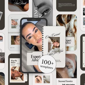 Könnte beinhalten: Eine Sammlung digitaler Social-Media-Vorlagen für Wimpernstylisten mit verschiedenen Layouts, neutralen Farbpaletten und Typografie. Die Designs enthalten Texte wie Meet The People Behind It, Expert Advice und Our Current Ideas For You.