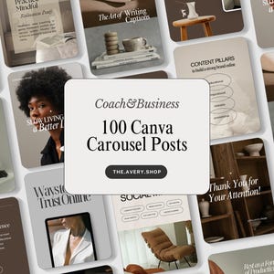 Op de afbeelding: Een verzameling Canva-carrouselposts met verschillende ontwerpthema's. De centrale afbeelding toont de tekst "Coach & Business" en "100 Canva Carousel Posts" met een websiteadres. Omringende afbeeldingen tonen ontwerpconcepten en tekstindelingen.