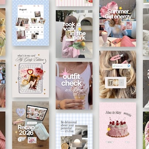May include: A digital collage of various lifestyle images featuring soft pink, blue, and white color palettes. The collection includes photos of a calendar, a cake, clothing, food, and text overlays such as 'Summer Girl energy' and 'outfit check'.