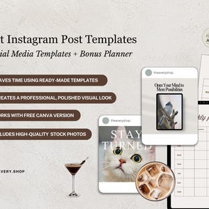 May include: Pet Instagram Post Templates with a bonus planner. The image shows social media templates with the text "Saves time using ready-made templates", "Creates a professional, polished visual look", "Works with free Canva version", and "Includes high-quality stock photos".