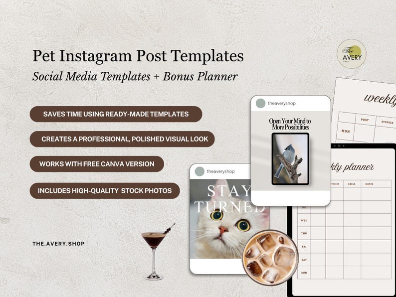May include: Pet Instagram Post Templates with a bonus planner. The image shows social media templates with the text "Saves time using ready-made templates", "Creates a professional, polished visual look", "Works with free Canva version", and "Includes high-quality stock photos".