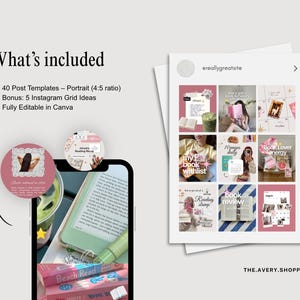 Puede incluir: Un kit de marketing digital con 40 plantillas de publicaciones en formato vertical y 5 ideas de cuadr&iacute;cula para Instagram, totalmente editables en Canva. La imagen muestra una pantalla de smartphone con gr&aacute;ficos de libros y una cuadr&iacute;cula.
