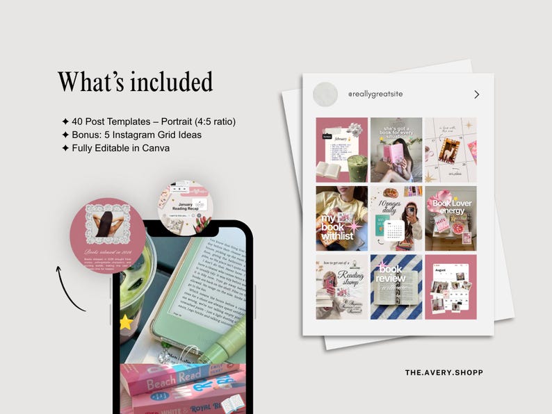 Puede incluir: Un kit de marketing digital con 40 plantillas de publicaciones en formato vertical y 5 ideas de cuadr&iacute;cula para Instagram, totalmente editables en Canva. La imagen muestra una pantalla de smartphone con gr&aacute;ficos de libros y una cuadr&iacute;cula.