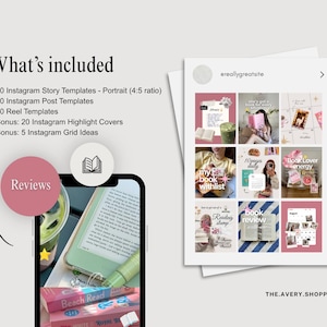 以下が含まれることがあります： Instagram用のデジタルマーケティングテンプレートセット。ストーリーテンプレート40種、投稿テンプレート40種、リールテンプレート20種、ハイライトカバー20種、グリッドアイデア5種が含まれています。画像には、本をテーマにした9つのソーシャルメディア投稿のグリッドが表示されています。