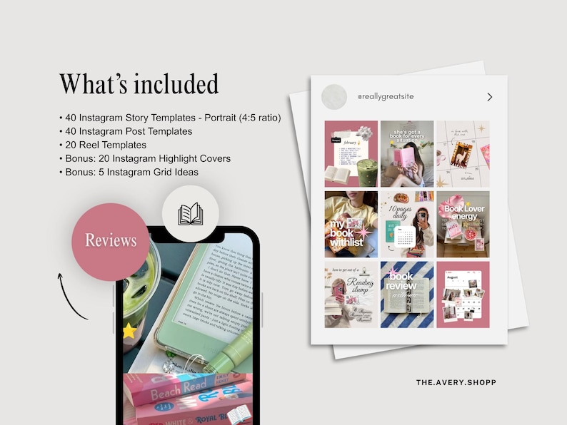 以下が含まれることがあります： Instagram用のデジタルマーケティングテンプレートセット。ストーリーテンプレート40種、投稿テンプレート40種、リールテンプレート20種、ハイライトカバー20種、グリッドアイデア5種が含まれています。画像には、本をテーマにした9つのソーシャルメディア投稿のグリッドが表示されています。