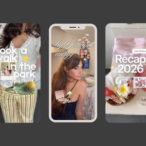 May include: Three vertical digital frames featuring lifestyle content. The first shows a white lace top, brown polka dot bag, and striped trousers. The second displays a person with a compact mirror. The third shows a basket with pink items and a stamp.