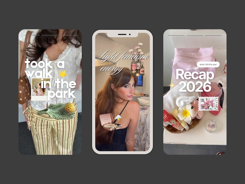 May include: Three vertical digital frames featuring lifestyle content. The first shows a white lace top, brown polka dot bag, and striped trousers. The second displays a person with a compact mirror. The third shows a basket with pink items and a stamp.