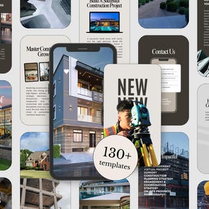 Könnte beinhalten: Eine Sammlung digitaler Social-Media-Vorlagen für Bauunternehmen, mit einem Smartphone, das ein modernes Haus zeigt, einem Vermesser mit Tachymeter sowie Textüberlagerungen wie "NEW", "130+ templates" und "Take care of your house."