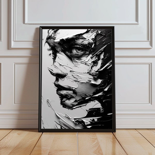 Abstract girl Painting, Black and White Print, Photo-realistic Art, Oil Woman Face Canvas, Modern Home Decor, Digital Download