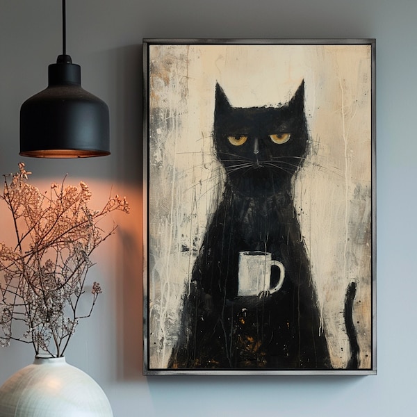 Digital Download, Black cat with a Coffee, Black cat Painting  Funny Cat Art, Black cat Poster,  Minimal Wall Art, Expressionism painting,